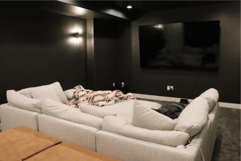 complete home theater during basement finishing project with soft lighting by pro worx construction in utah complete home theater during basement finishing project with soft lighting by pro worx construction in utah