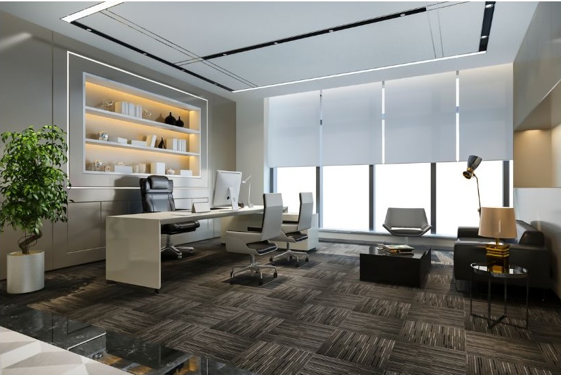 home office with background shelving and lighting