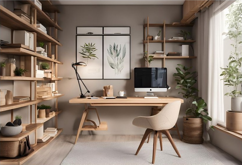 home office with custom shelving