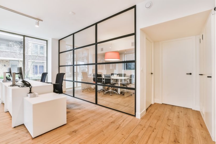 home office with timber flooring finish