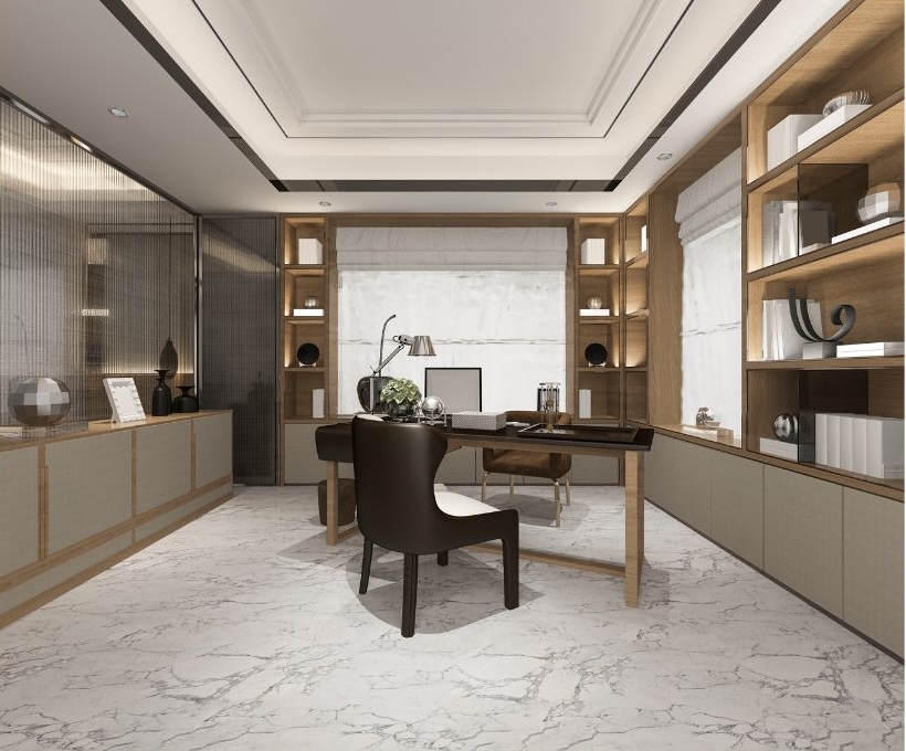luxury home office with custom cabinets and carpet
