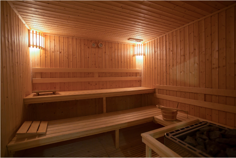 sauna room with lighting