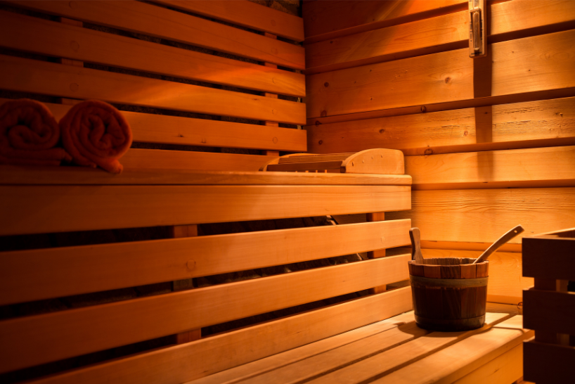 sauna with wooden panels