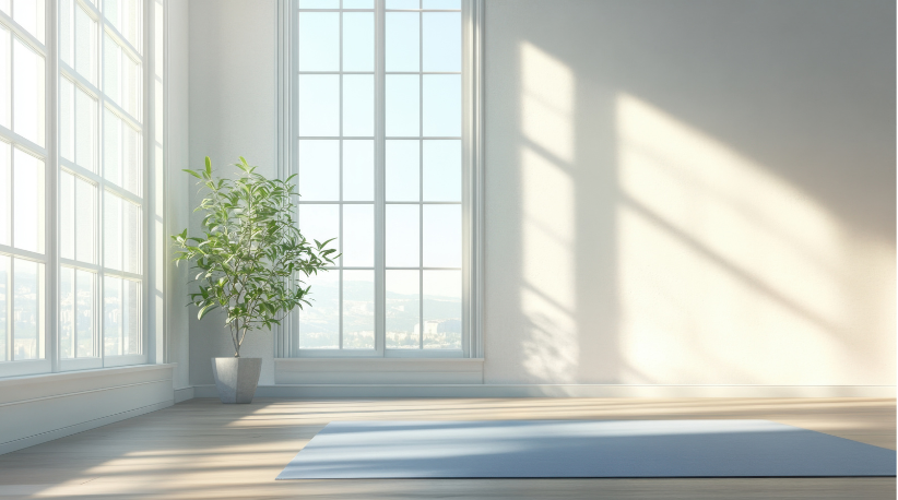yoga space in basement with plenty of light