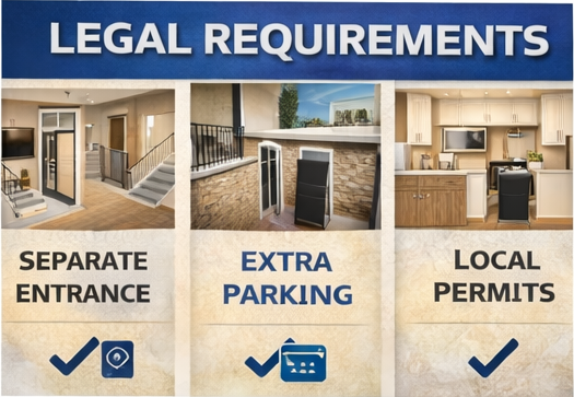 Utah basement apartment permit requirements infographic including separate entrance and parking rules