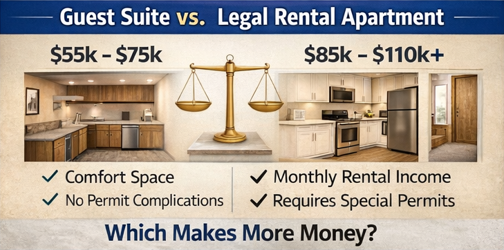 Guest suite vs basement apartment Utah comparison showing rental income potential and renovation costs