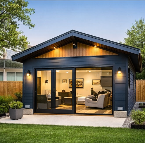 basement apartment built in utah with dark exterior and landscaped garden