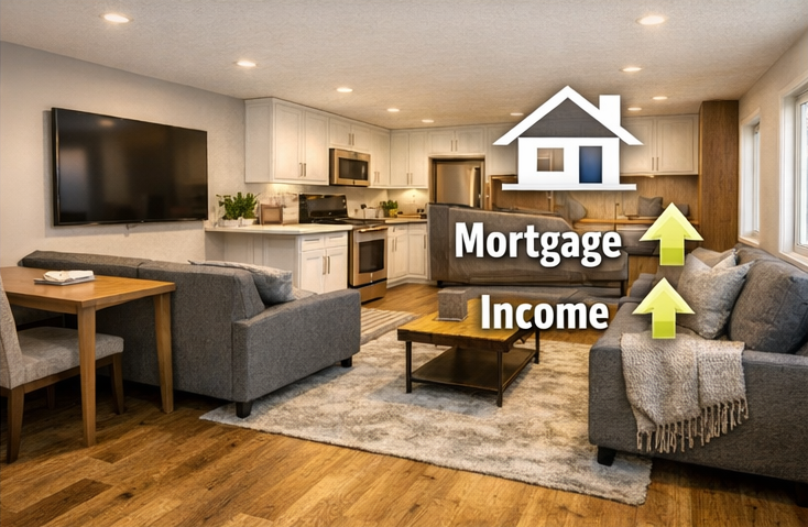 living room in basement apartment with a kitchen in utah