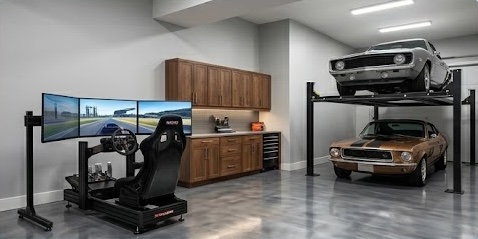 man cave with cars, mini wet bar and racing simulator