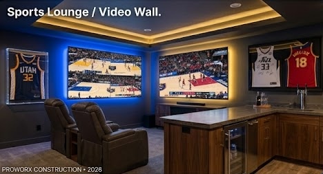 sports lounge with video wall by proworx construction in utah