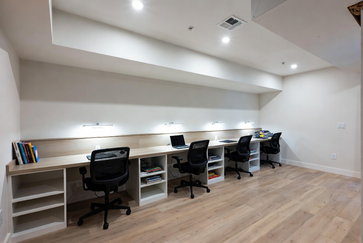 Long row of desks along one wall