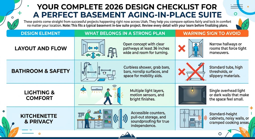 basement layout checklist infographic for an aging in place basement