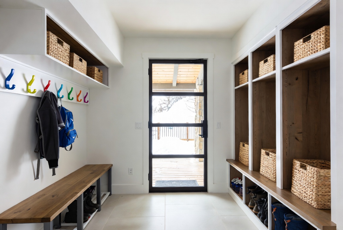 bright-family-basement-mudroom-colorful-hooks-walkout-door