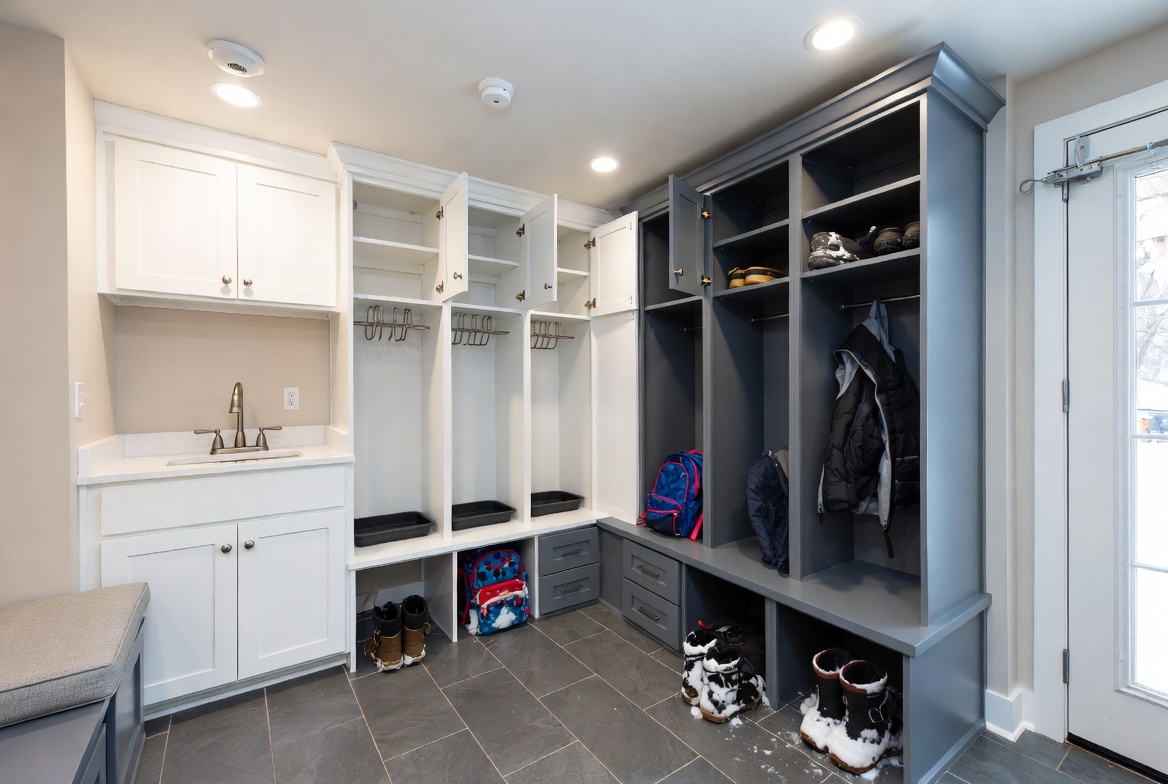 custom cabinetry of a basement mudroom in utah