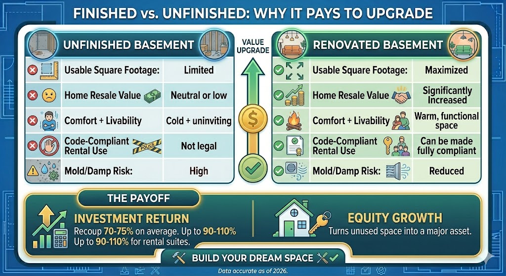 finished vs unfinished basement infographic