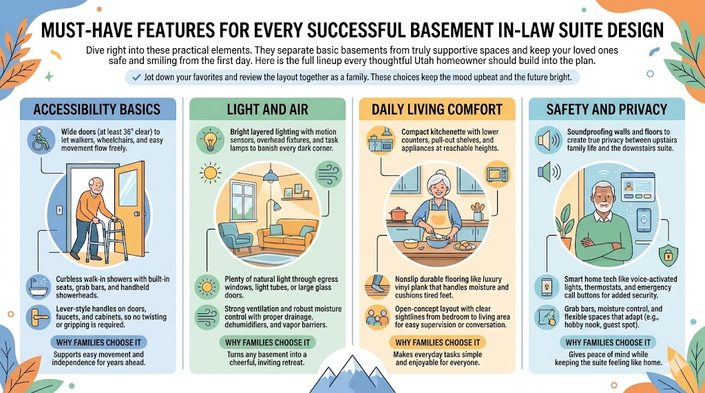 must have features for an in law suite infographic for a basement