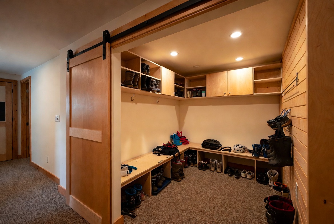 small-basement-mudroom-sliding-barn-door-wood-bench