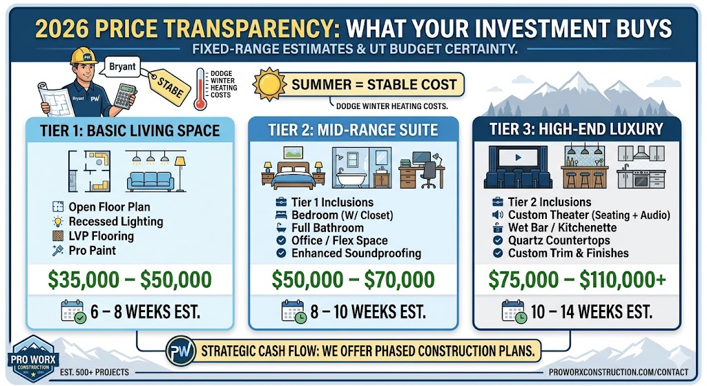 Infographic breakdown of 2026 Utah basement finishing costs across three tiers: Basic Living Space (k-k), Mid-Range Suite (k-k), and High-End Luxury (k-0k+). Includes estimated summer timelines of 6 to 14 weeks and highlights the stable cost advantage of building in summer to avoid winter heating surcharges.