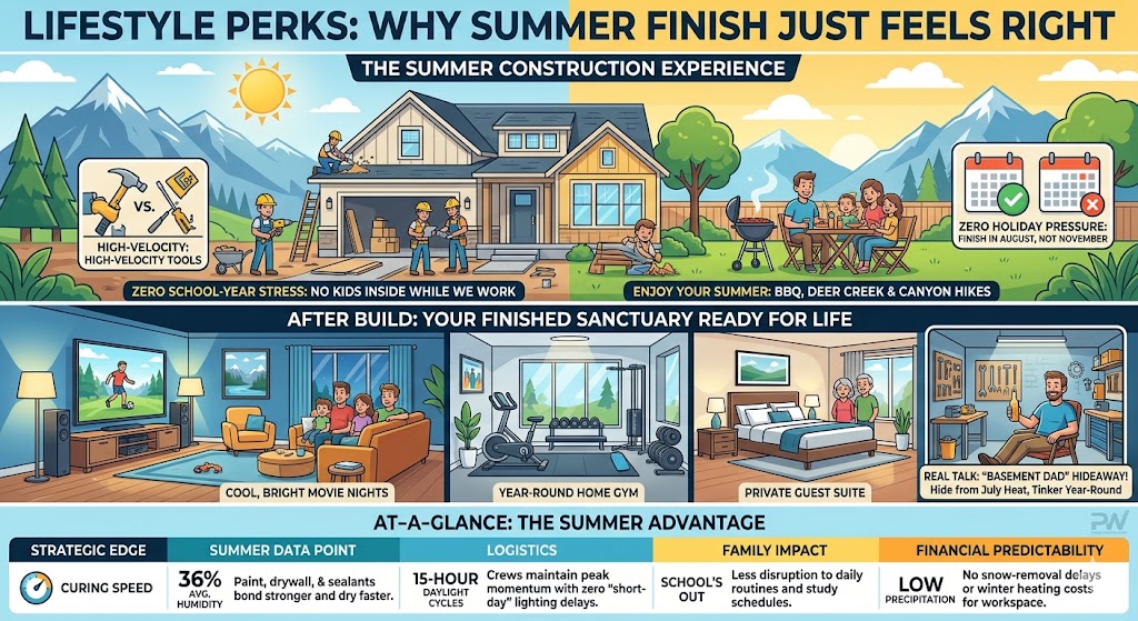 A visual breakdown of the Pro Worx summer construction experience, highlighting zero school-year stress and the 8-12 week transformation into a finished family sanctuary.