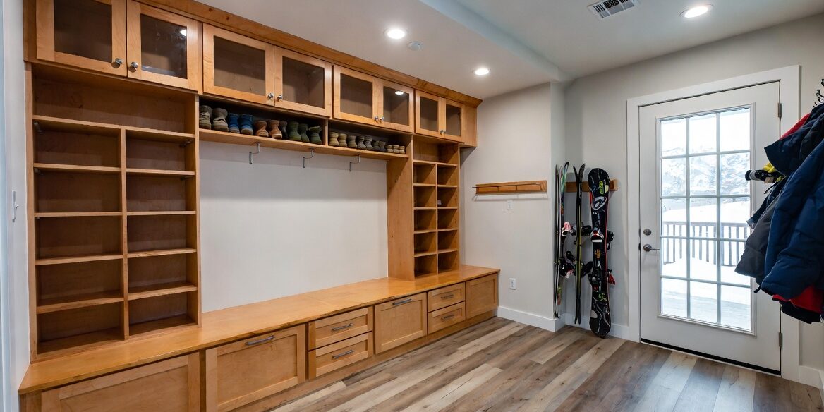 Mudroom with extensive wooden storage: upper cabinets, open shelves, shoe cubbies, drawers, and hooks; skis lean by the door nearby.