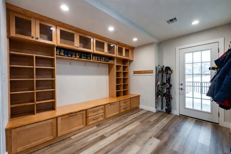 utah-walkout-basement-mudroom-wood-cabinetry-ski-storage Mudroom with extensive wooden storage: upper cabinets, open shelves, shoe cubbies, drawers, and hooks; skis lean by the door nearby.