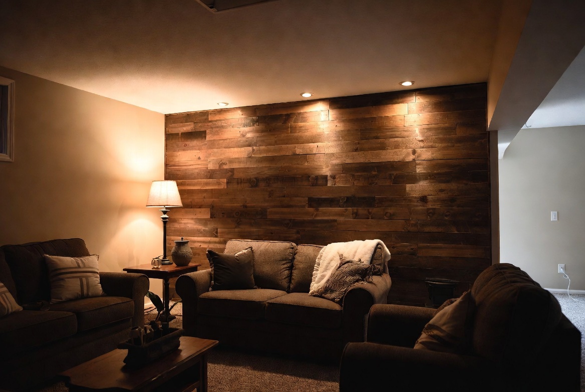 Cozy basement with wood accent wall